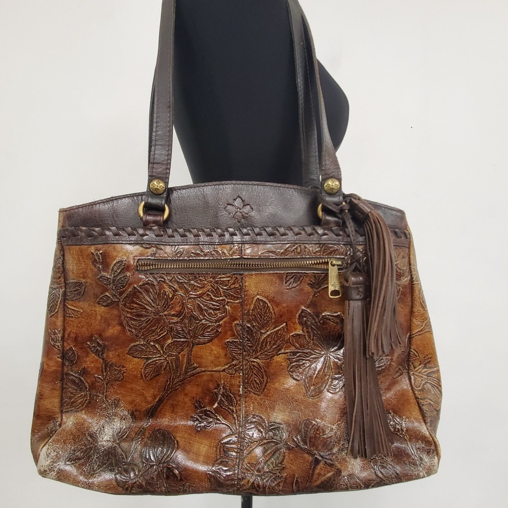 Patricia Nash Womens Zancona Floral Embossed Leather Shoulder‎ Bag Brown Tassel